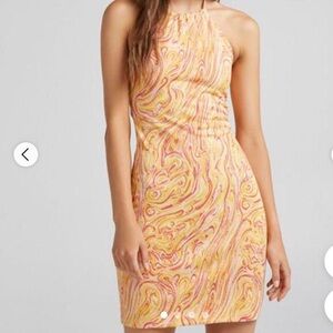 5/$20 Bershka Yellow Pink Swirl Halter Mini Dress